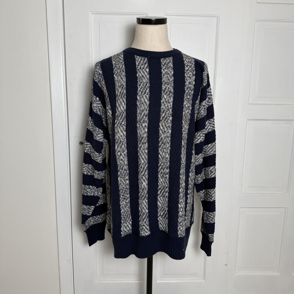 Thane Sweater Mens XL Navy Blue White Cotton‎ Knit Striped Crewneck Made in USA